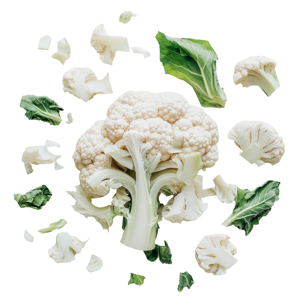 Fresh cauliflower surrounded by its florets and leaves on a clean transparent background, perfect for healthy cooking, fresh cauliflower on transparent background png