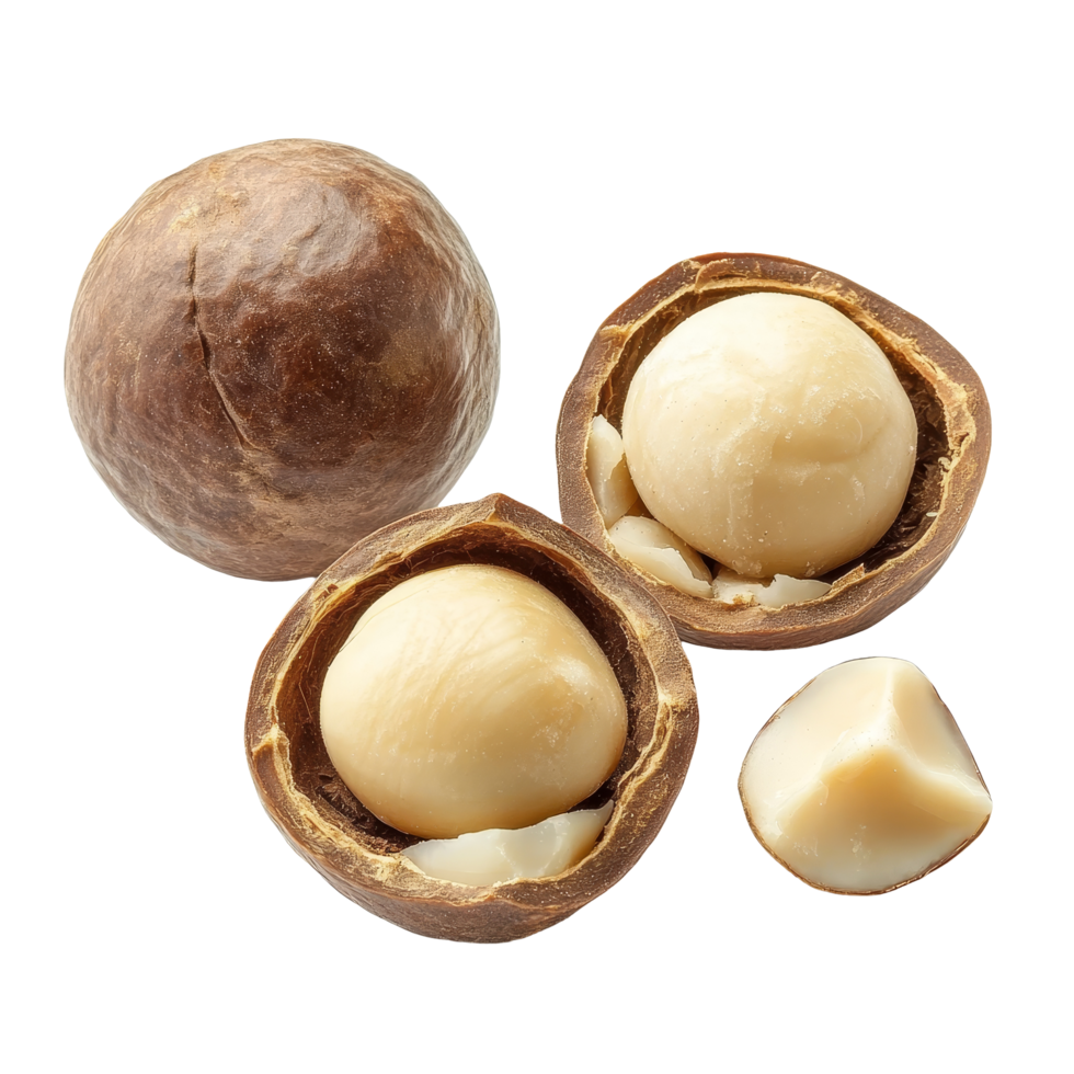 Freshly harvested macadamia nuts on a transparent background showcasing their natural texture and color, macadamia nuts isolated on transparent background png