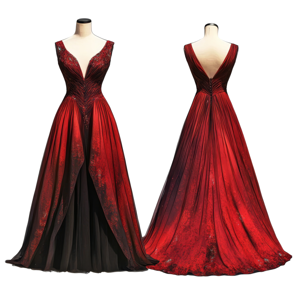 Elegant red evening gown mockup showcasing front and back designs for formal events or special occasions, Elegant Red Evening Gown Mockup from Front and Back Views on transparent background png