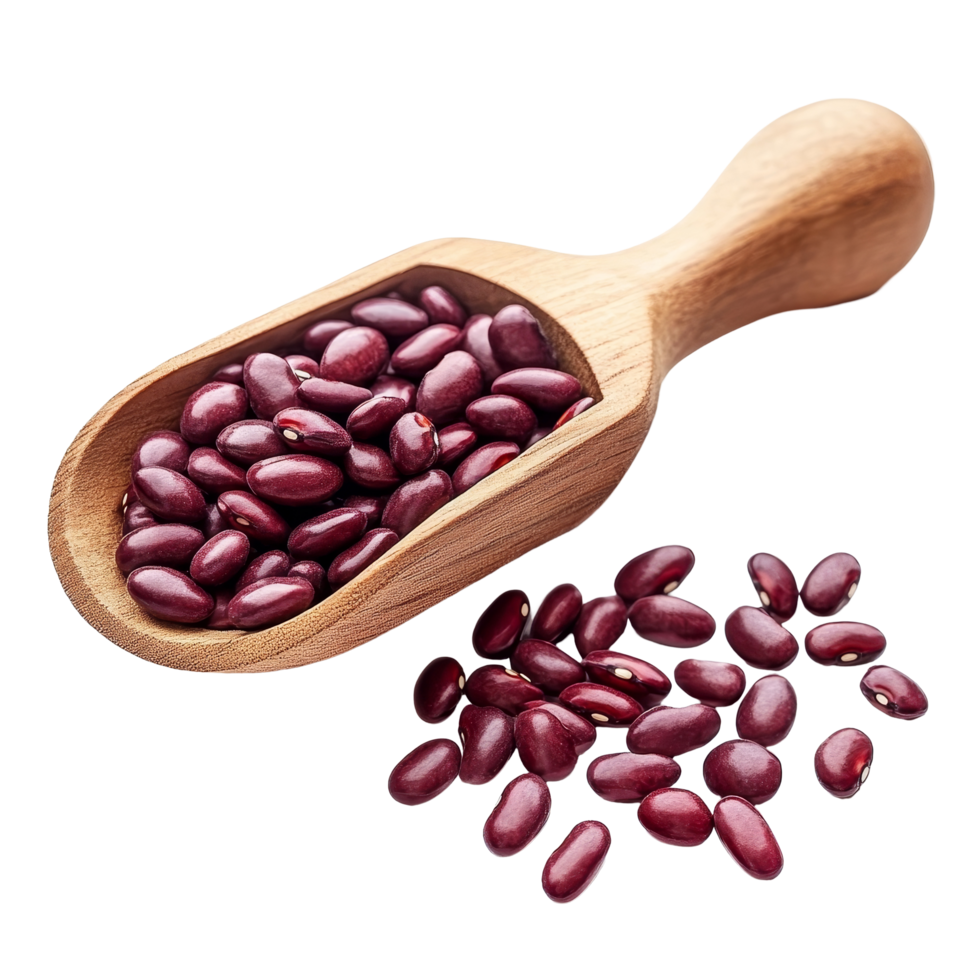Red beans and azuki bean seeds in a wooden scoop on transparent surface with scattered beans, Azuki bean or red bean seeds in wood scoop on transparent background png