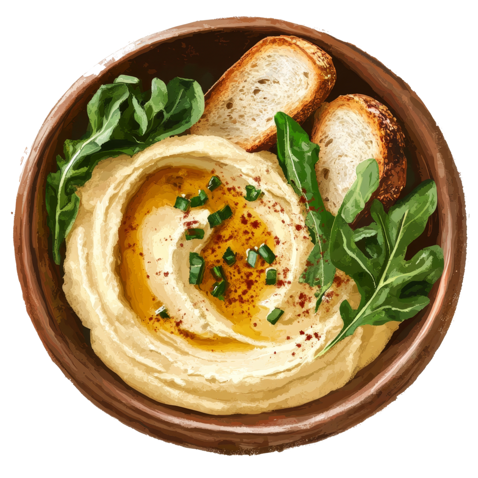 Delicious hummus topped with greens and served with toasted bread for a healthy snack or appetizer, portion of hummus with greens and toasts png