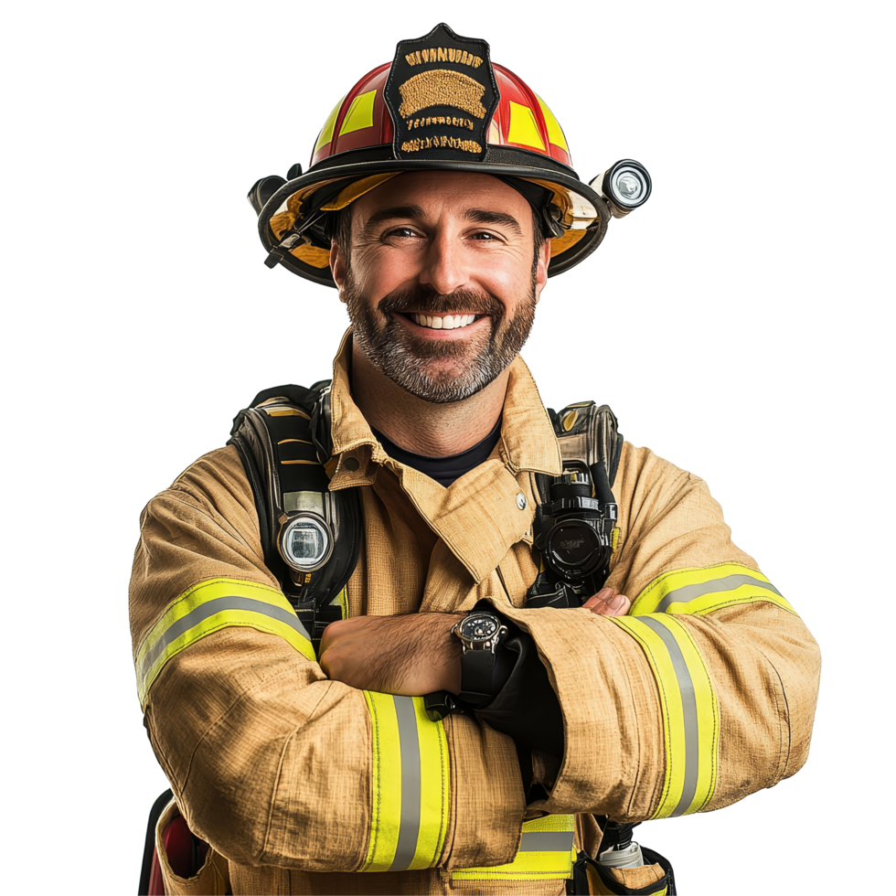 Friendly firefighter portrait with arms crossed, smiling proudly in full gear against a clean backdrop, firefighter portrait, friendly smiling arms crossed isolated on solid transparent background png