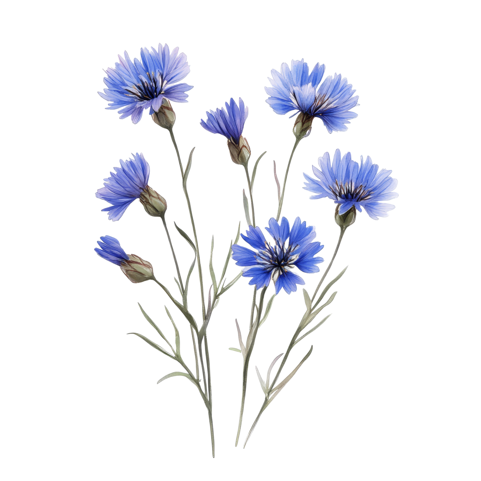 Beautiful cornflowers with delicate blue petals arranged against a transparent background, perfect for floral design and decoration ideas, cornflowers isolated transparent background png