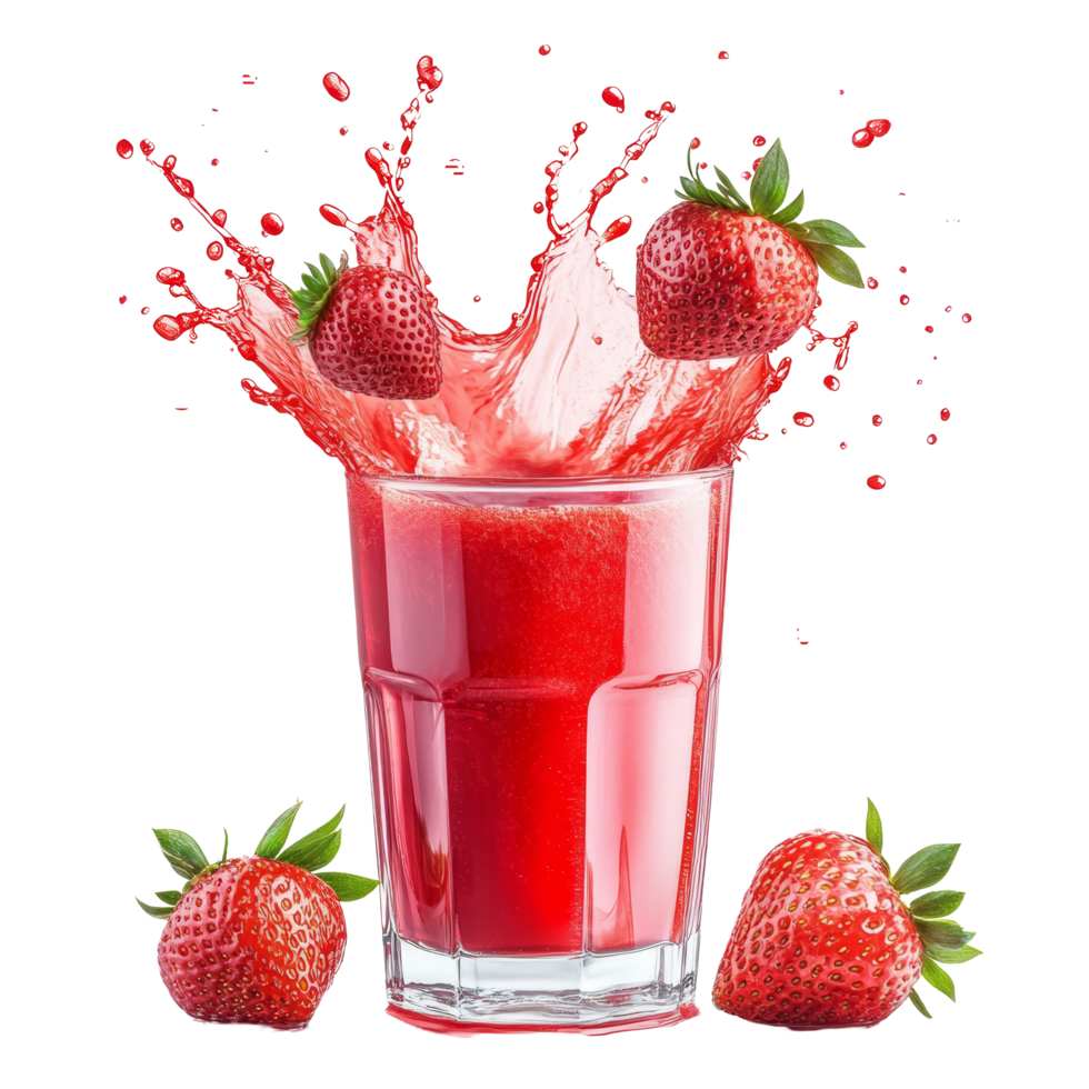 Refreshing strawberry juice splashes from a glass surrounded by ripe strawberries on a clean transparent background, Strawberry juice splashing with its fruits isolated png