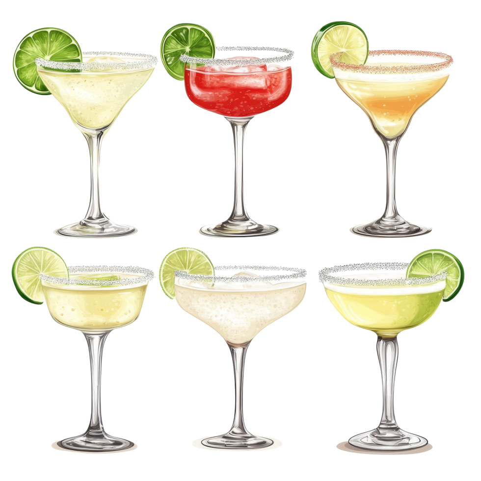 A delightful collection of margarita cocktails showcasing vibrant colors and refreshing lime garnishes set against a clean background, margarita cocktail tequila isolated on transparent background png