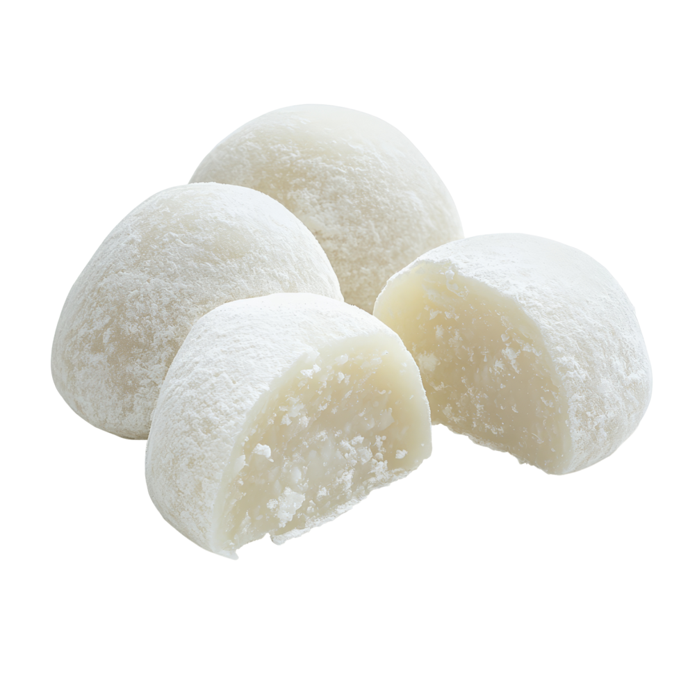Delicious mochi pieces cut in half on a clean transparent background, showcasing the soft texture and interior filling, mochi transparent isolated transparent background png