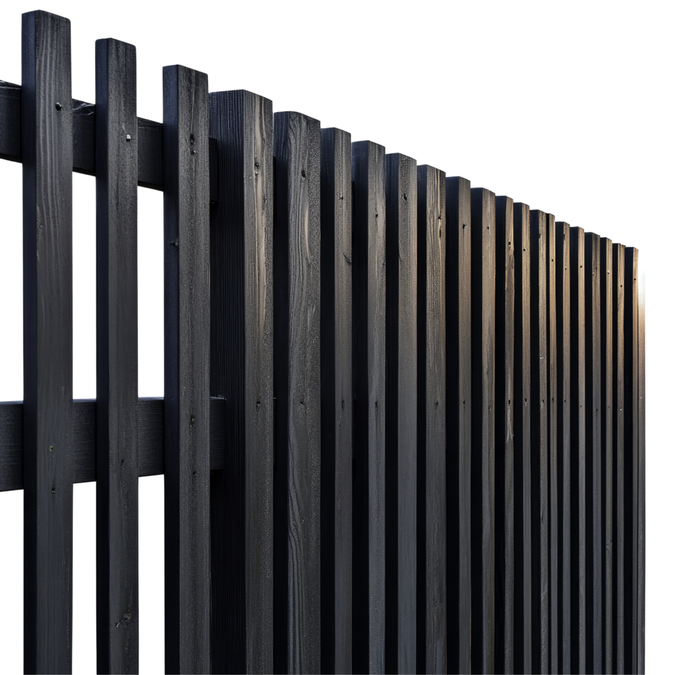 Sleek modern black wooden fence with vertical slats against a transparent background for contemporary landscaping designs, modern black wooden fence isolated on transparent backgroud png