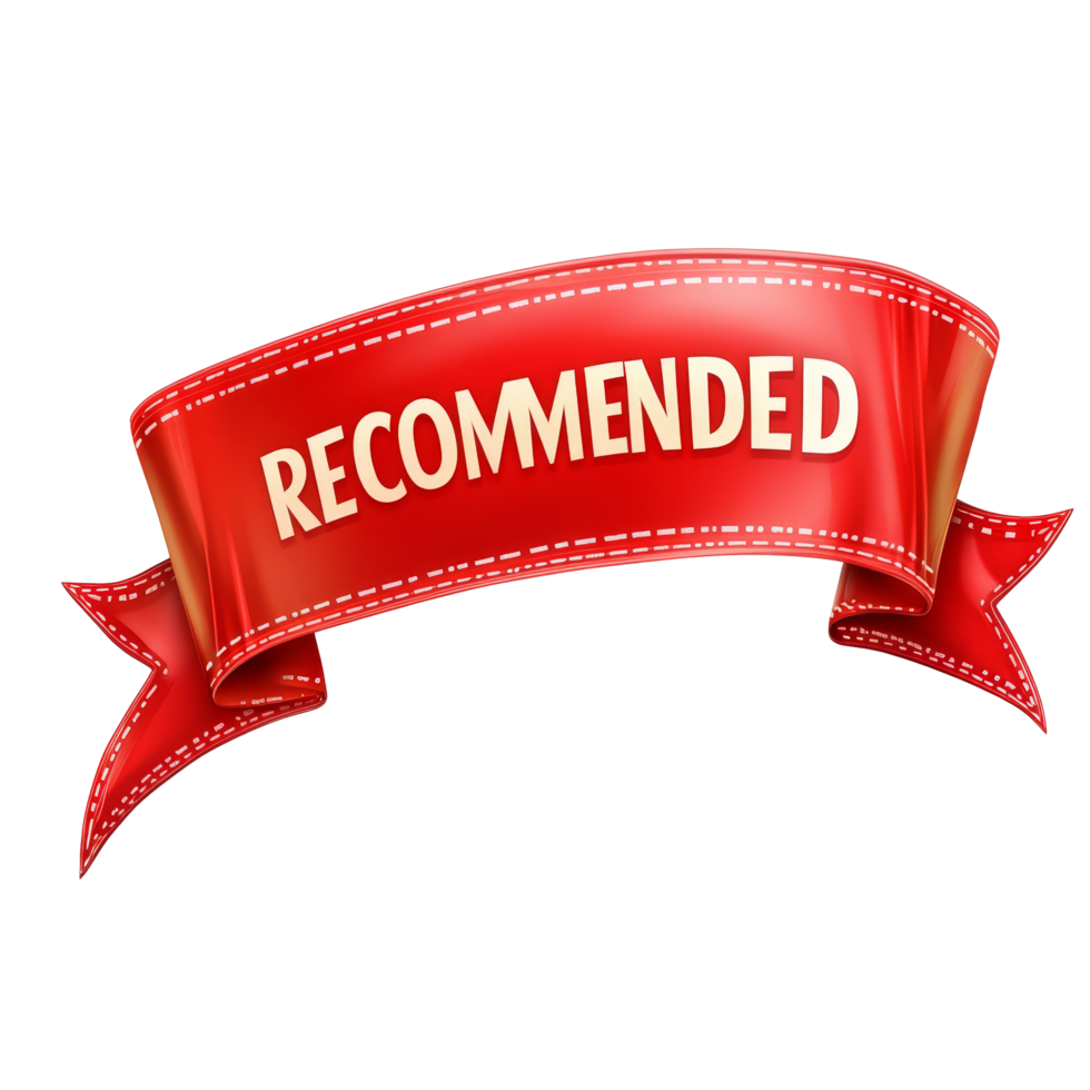 Red recommended ribbon banner on transparent background for highlighting endorsements and suggestions, Red RECOMMENDED Ribbon Banner on transparent background png