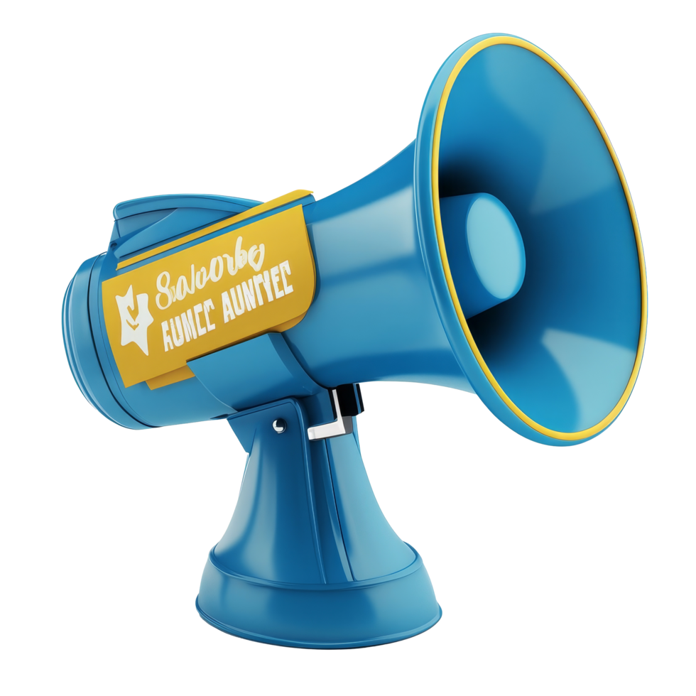 Blue megaphone announcing discount offers on a transparent transparent during a promotional event, Blue Megaphone with Discount Announcement On transparent background png