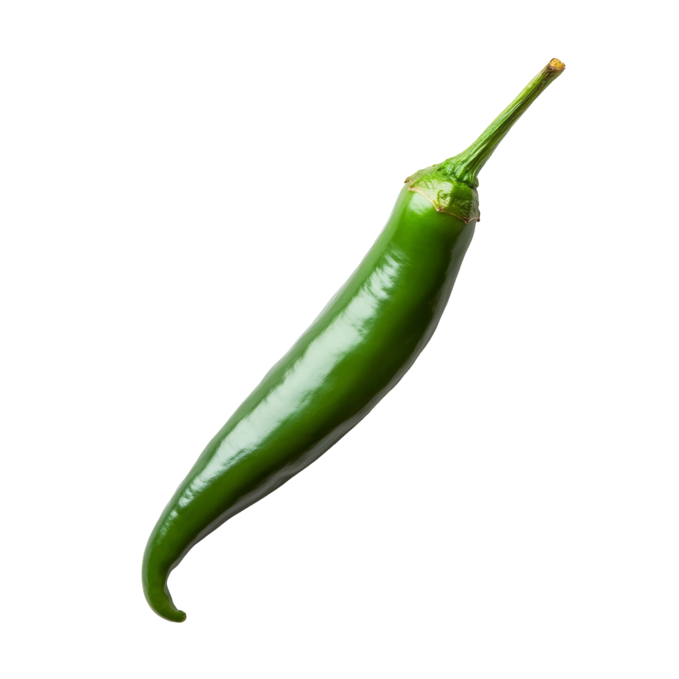 Fresh green chilli pepper on a clean transparent background, showcasing its vibrant color and smooth texture, green chilli pepper on transparent background png