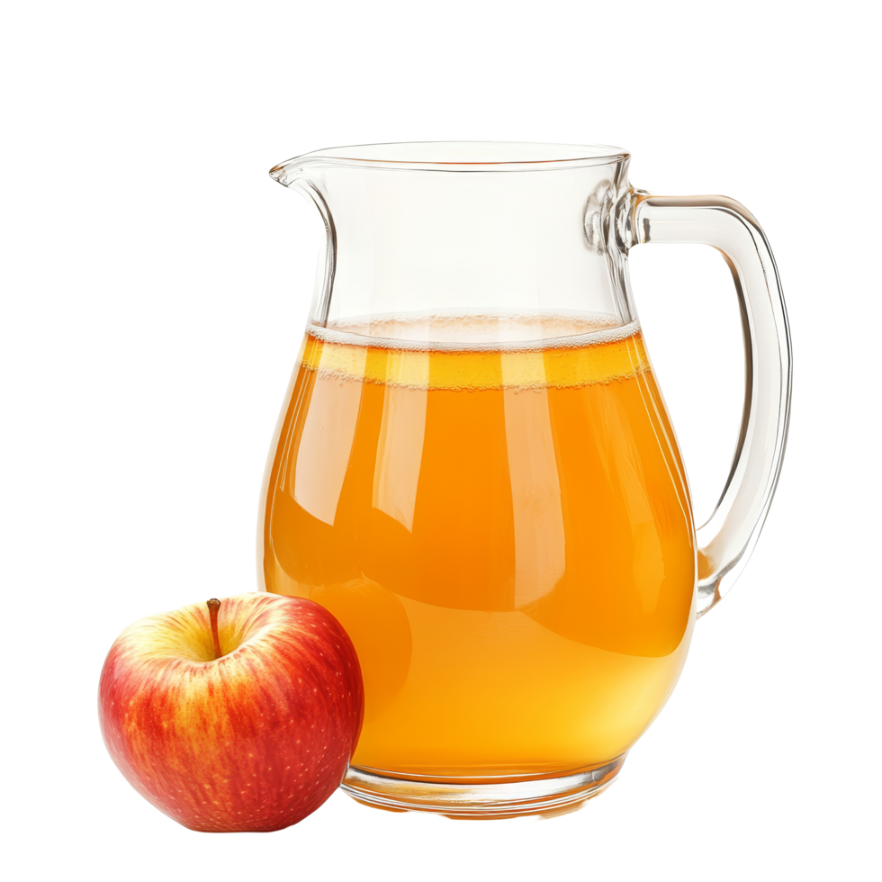 Fresh apple juice in a clear pitcher next to a red apple against a transparent background, Apple juice in a pitcher isolated png