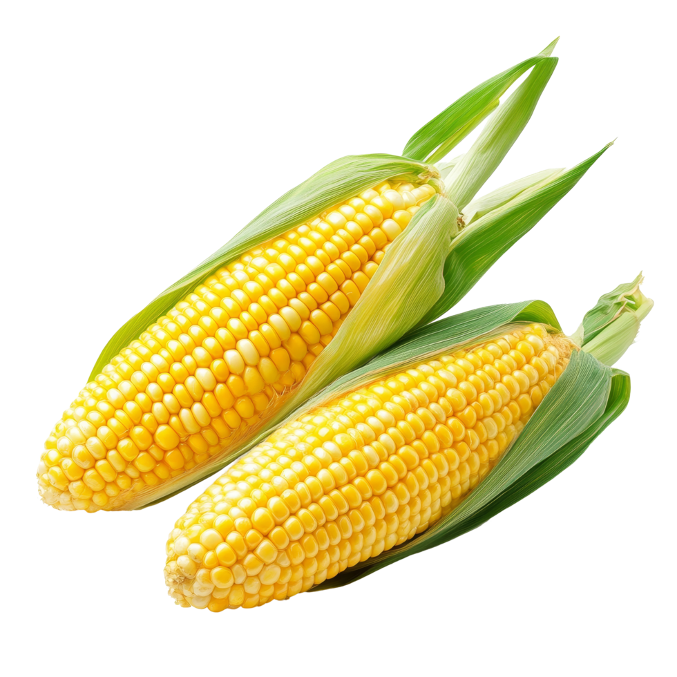 Fresh yellow corn cobs isolated on a transparent background showcasing their vibrant kernels and green husks ready for culinary use, red torn paper isolated on transparent background png