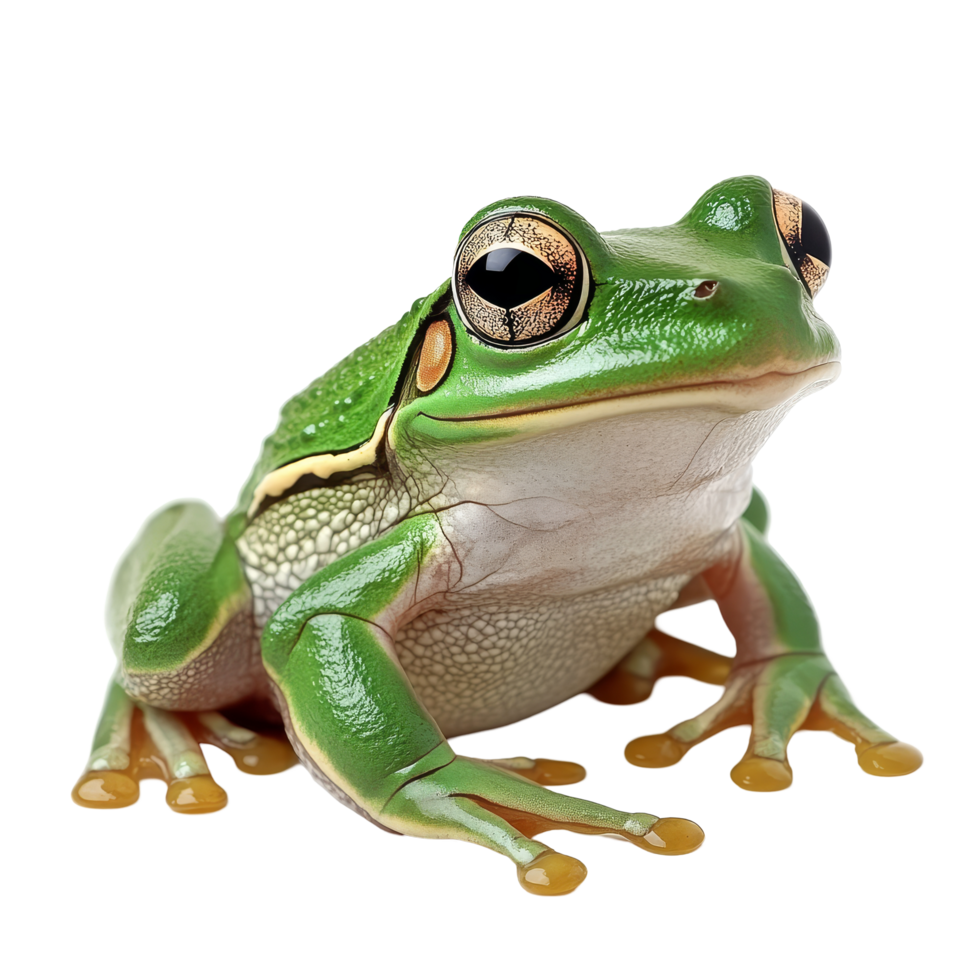 A cute green frog sitting calmly on a transparent background showcasing its vibrant color and unique features in natural light, Cute Green Frog Sitting on transparent background png