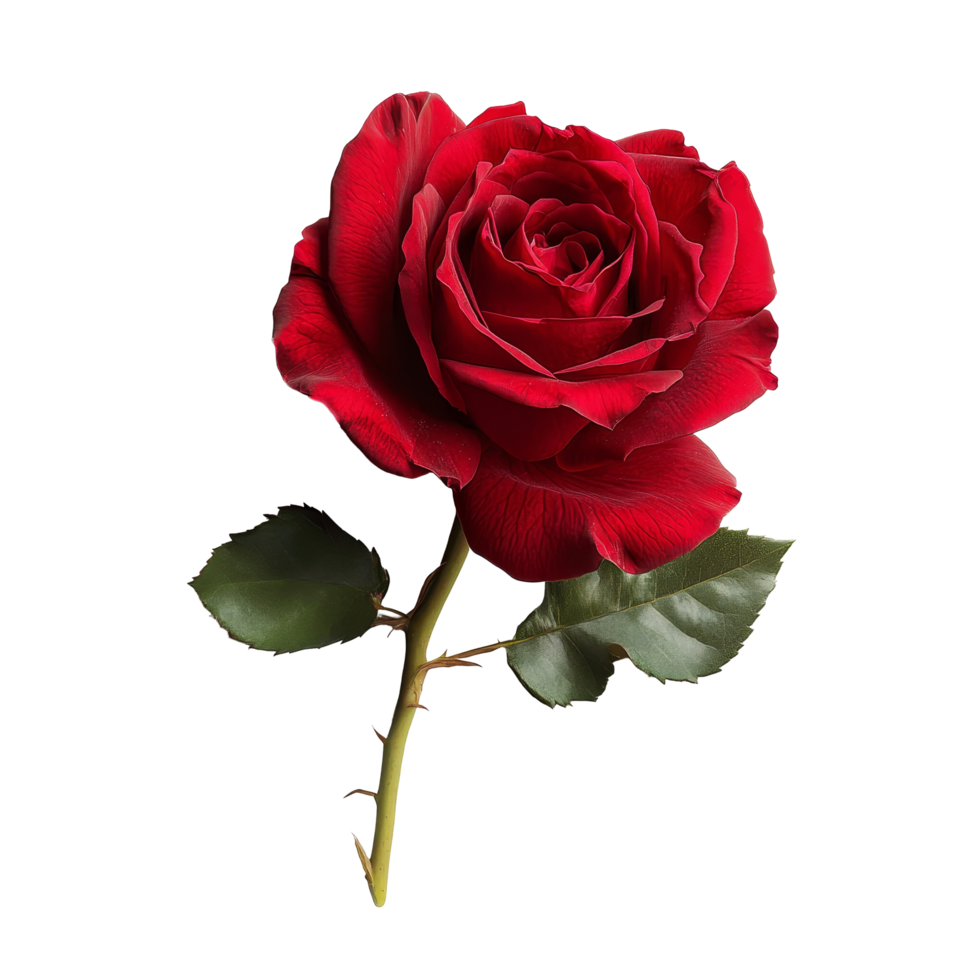 Beautiful red rose flower with green leaves isolated on a transparent background, showcasing its vibrant color and detail, single rose flower isolated on transparent background cutout png