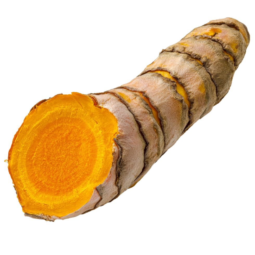 Fresh slice of turmeric root isolated on a clean transparent background showcasing its vibrant yellow interior, slice turmeric isolated on transparent background png
