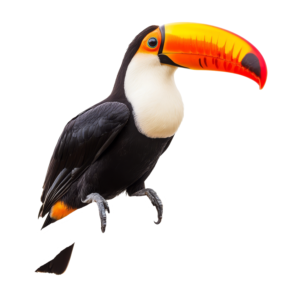 A vibrant toucan perched on a branch, showcasing its colorful beak against a plain transparent background, toucan isolated on transparent background png