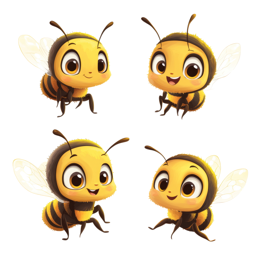 Cute and funny cartoon bee characters displaying playful expressions and activities on a bright background, Cartoon Bees, Cute and Funny Bee Characters, Isolated on transparent background Background png