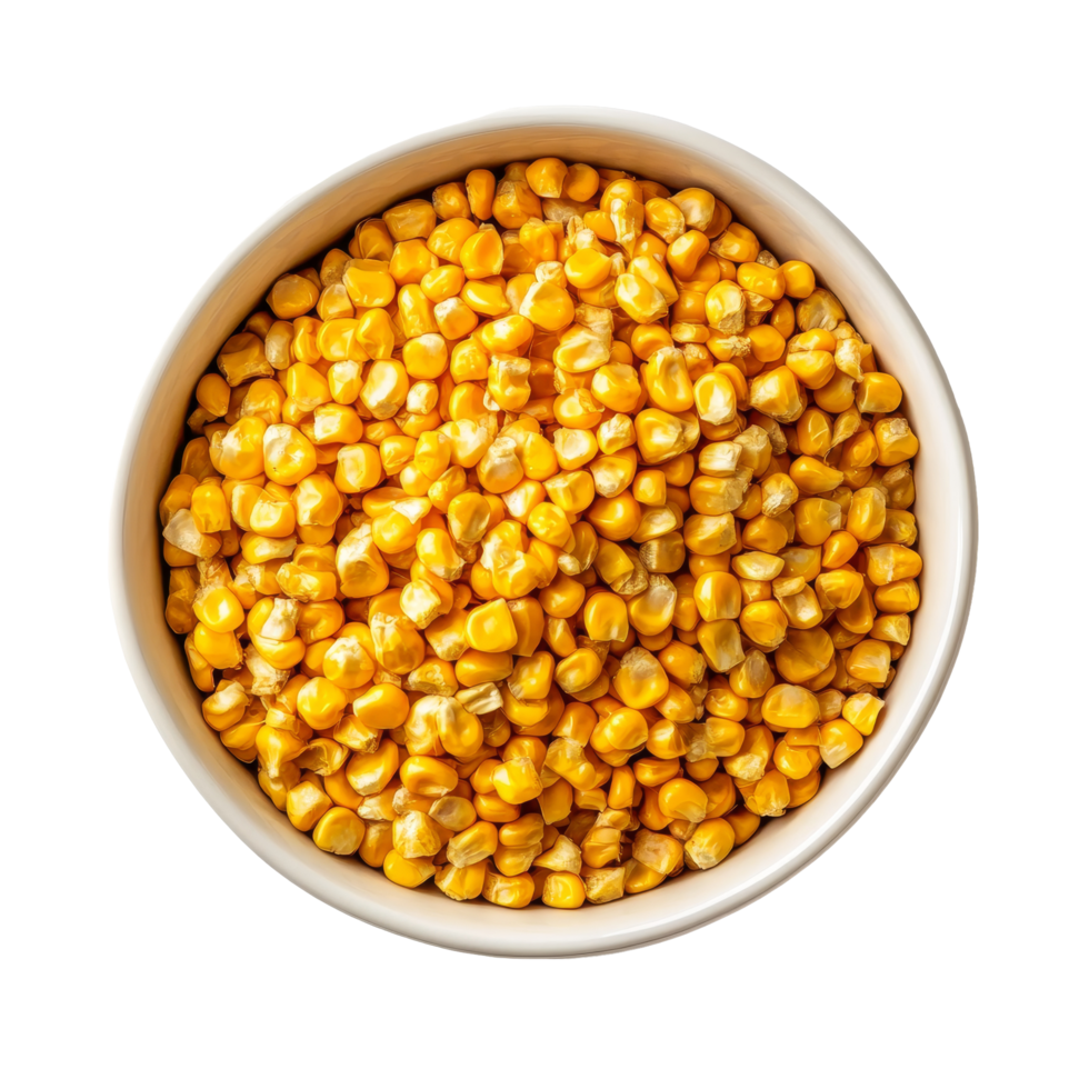 Freshly dried corn seeds in a transparent bowl ready for cooking or snacking on a light background, Fresh tasty dried corn seeds in a bowl on a transparent background png