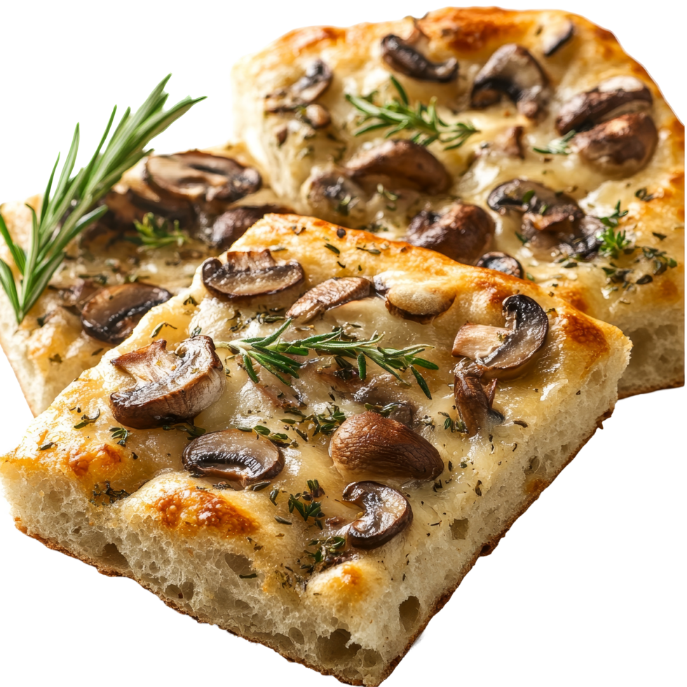 Delicious homemade Italian focaccia topped with mushrooms and fresh herbs perfect for any meal or snack, italian focaccia with mushrooms png