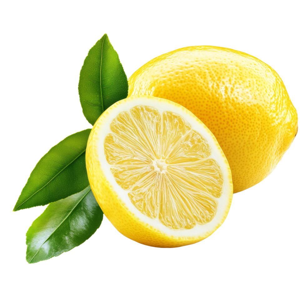 Fresh lemon fruit with green leaves isolated on a pristine transparent background, showcasing vibrant colors and textures, lemon fruit with leaf isolated on transparent background png