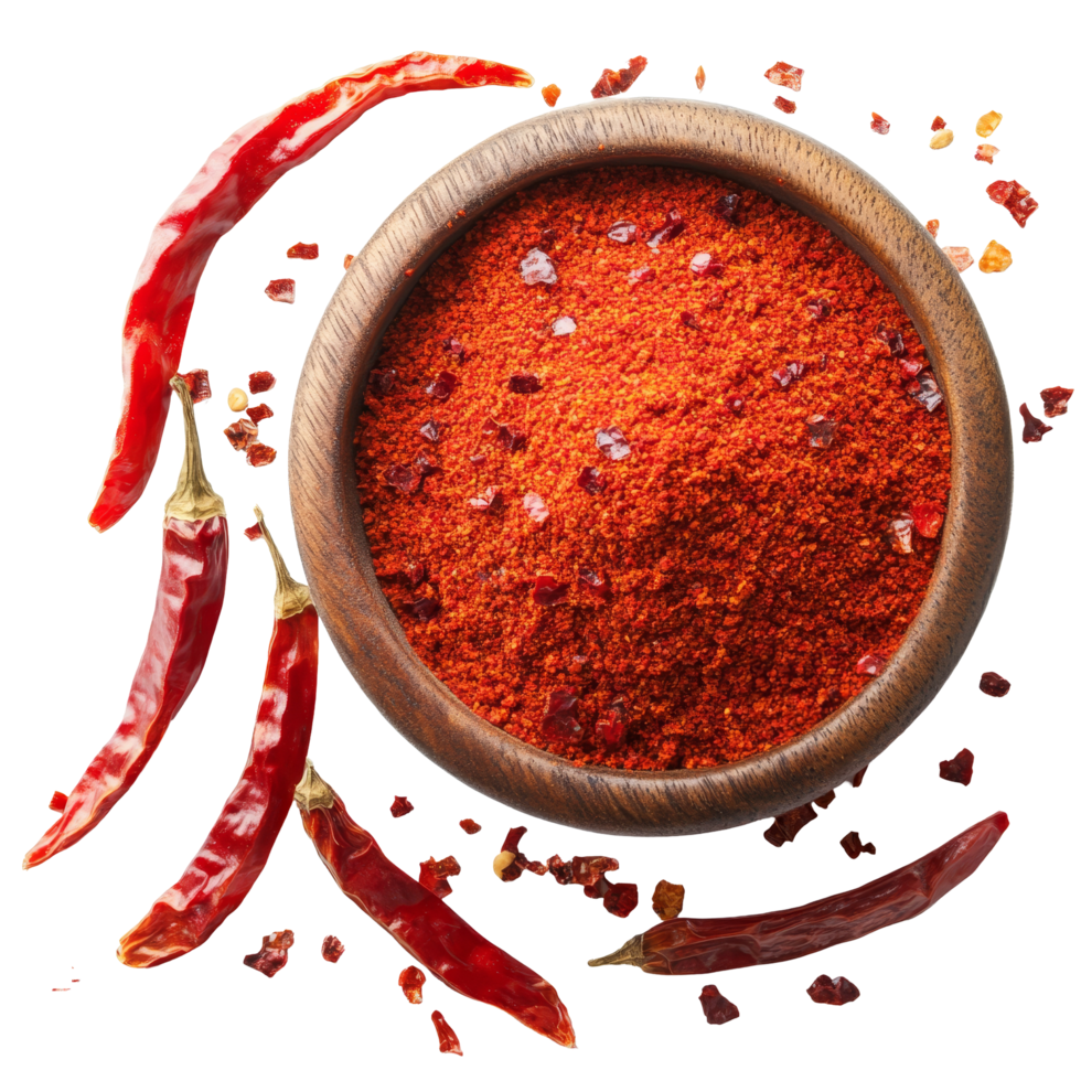 Chili powder and dried red chili peppers on a transparent background showcasing vibrant colors at a angle, chili powder transparent background png