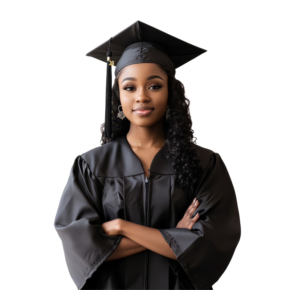 Black female graduate in cap and gown smiling proudly against a transparent background, Black Female Graduate in Cap and Gown on transparent background png