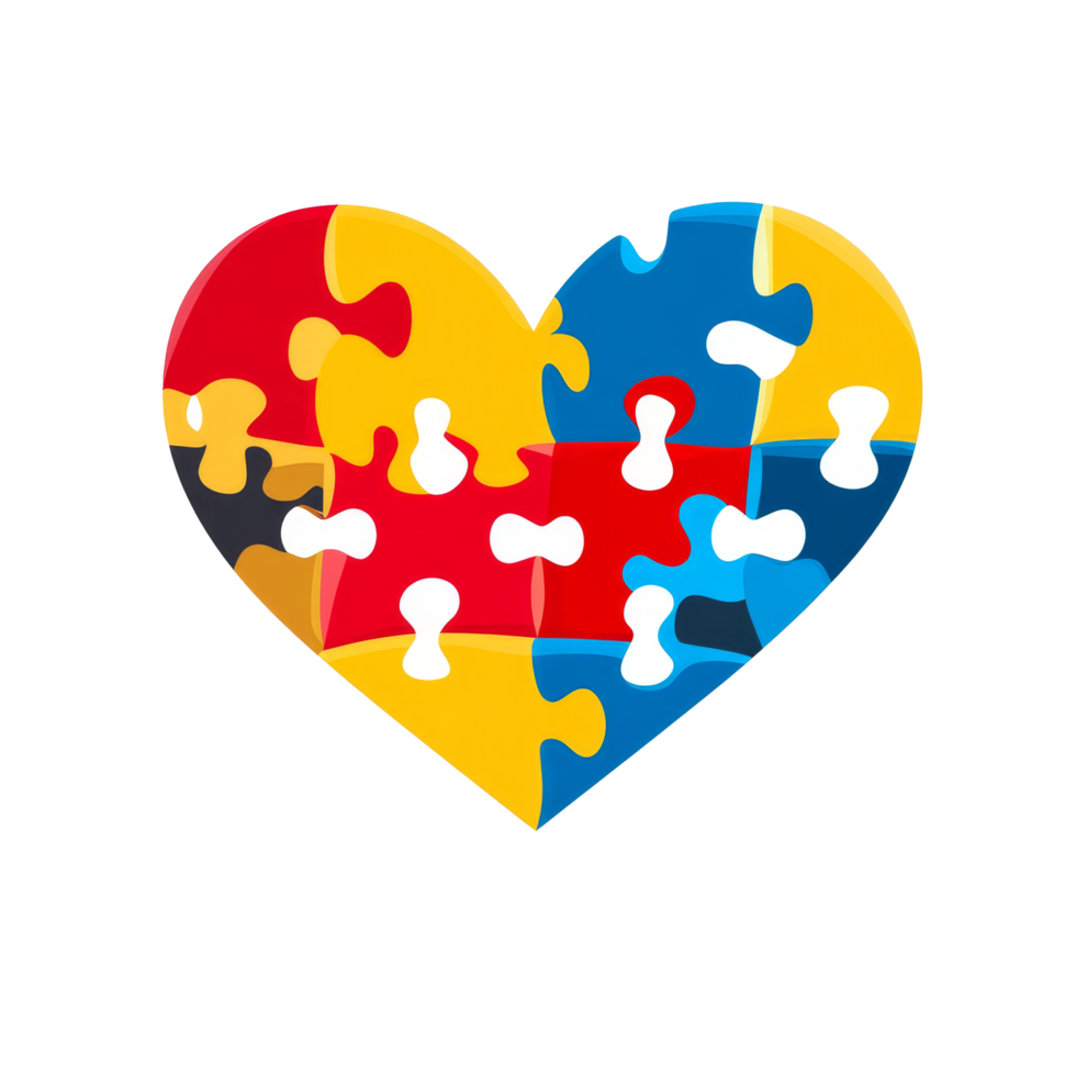 Colorful puzzle piece heart symbolizing autism awareness and acceptance for all individuals, multi colored puzzle piece heart shape autism symbol flat transparent background png