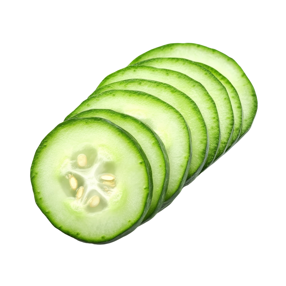 Freshly sliced cucumber arranged on a clean transparent background, showcasing its vibrant green color and texture, sliced cucumber isolated on transparent background png
