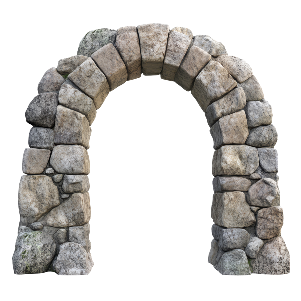 Ancient stone arch stands isolated against a transparent background showcasing its historical significance and craftsmanship, Stone Arch Isolated on transparent background Ancient Architecture Element png