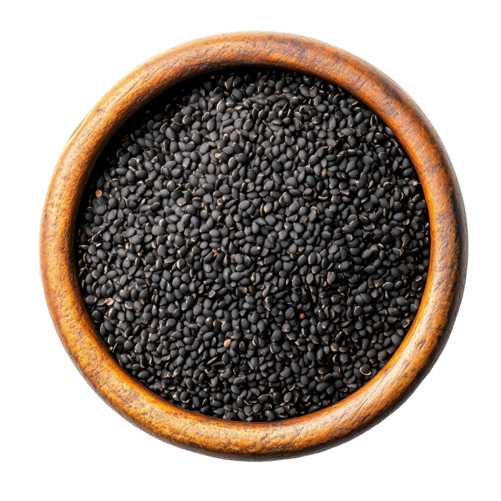 A bowl of black sesame seeds displayed on a clean transparent background for culinary use, black sesame in a bowl isolated on transparent background png