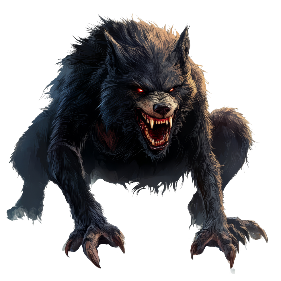 Scary werewolf crouching on a transparent background with intense eyes and sharp teeth ready to pounce, scary werewolf, file of isolated object on transparent background png