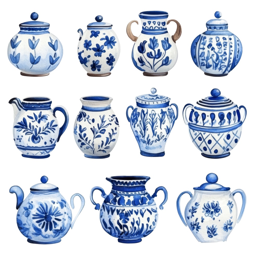 A vibrant collection of blue and transparent talavera pottery displayed in showcasing intricate designs and traditional, blue and transparent talavera pottery pot illustration isolated on transparent png