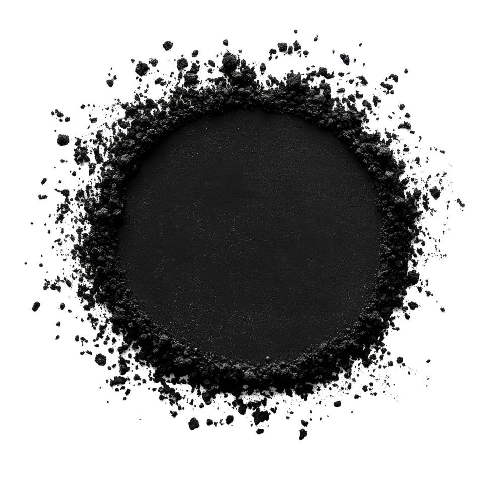 Black pulver in a circular pattern with a center hole isolated on a transparent background, black pulver in circle shape with holeisolated on transparent background png
