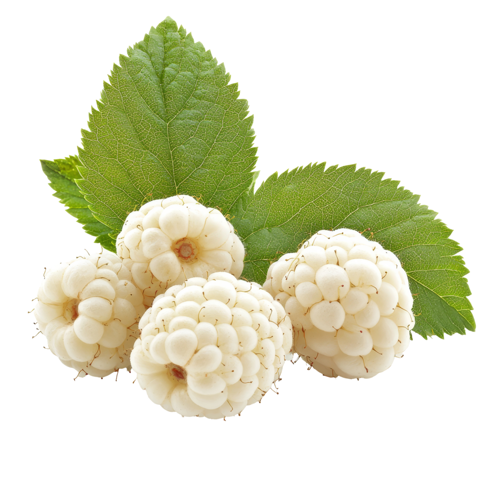 transparent raspberries with green leaves arranged on a clean transparent background showcasing their unique appearance, transparent raspberries isolated on transparent background png