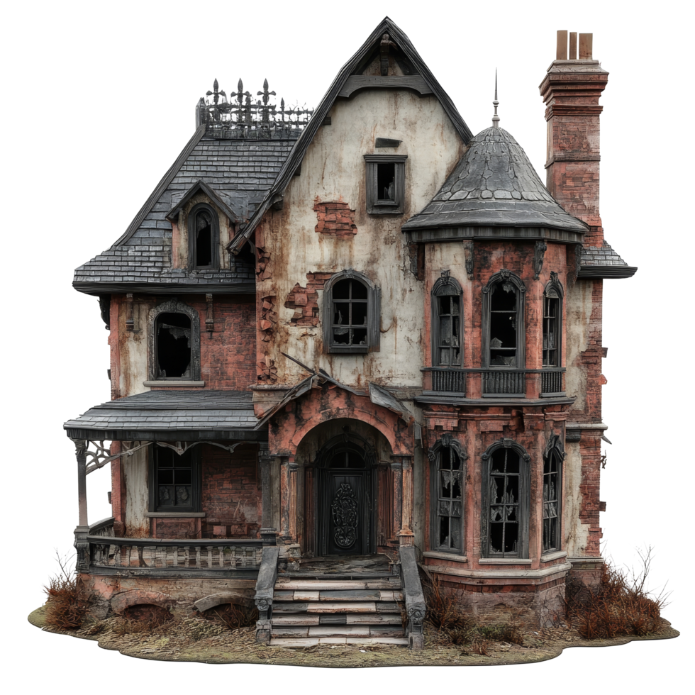 Abandoned dilapidated mansion surrounded by overgrown shrubs, perfect for Halloween ambiance, abandoned dilapidated house mansion for halloween, file of isolated object on transparent background png