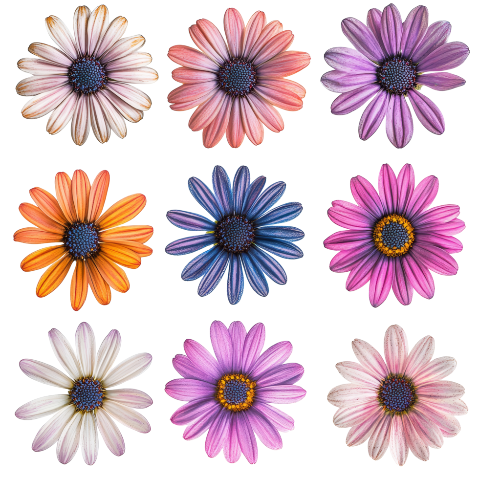 Vibrant collection of African daisies showcasing a variety of colors and patterns in a floral arrangement, various african daisy single flower top view and with isolated on transparent background png