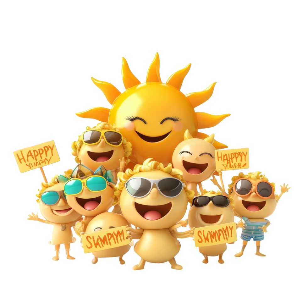 Smiling sun characters celebrate summer with cheerful signs in a bright, sunny atmosphere, Smiling Sun Characters Holding Happy Summer Signs on transparent background png