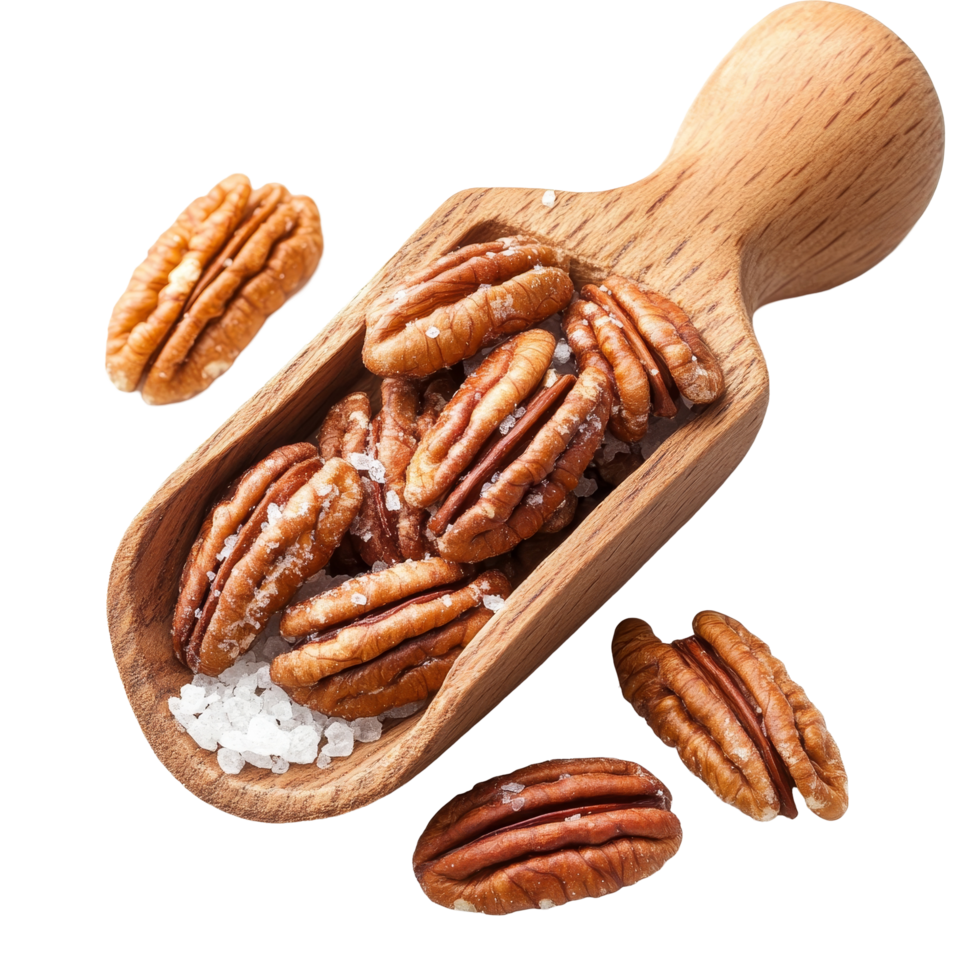 Pecan nuts with light salt in a wooden scoop resting on a transparent surface for a natural, rustic look, Pecan nuts topped with light salt in wood scoop isolated on transparent background png