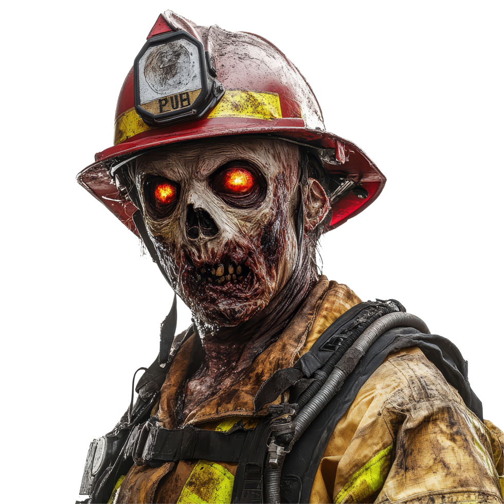A zombie firefighter with glowing eyes stands against a plain backdrop, featuring horrorthemed details and textures, Firefighter zombie on transparent background png