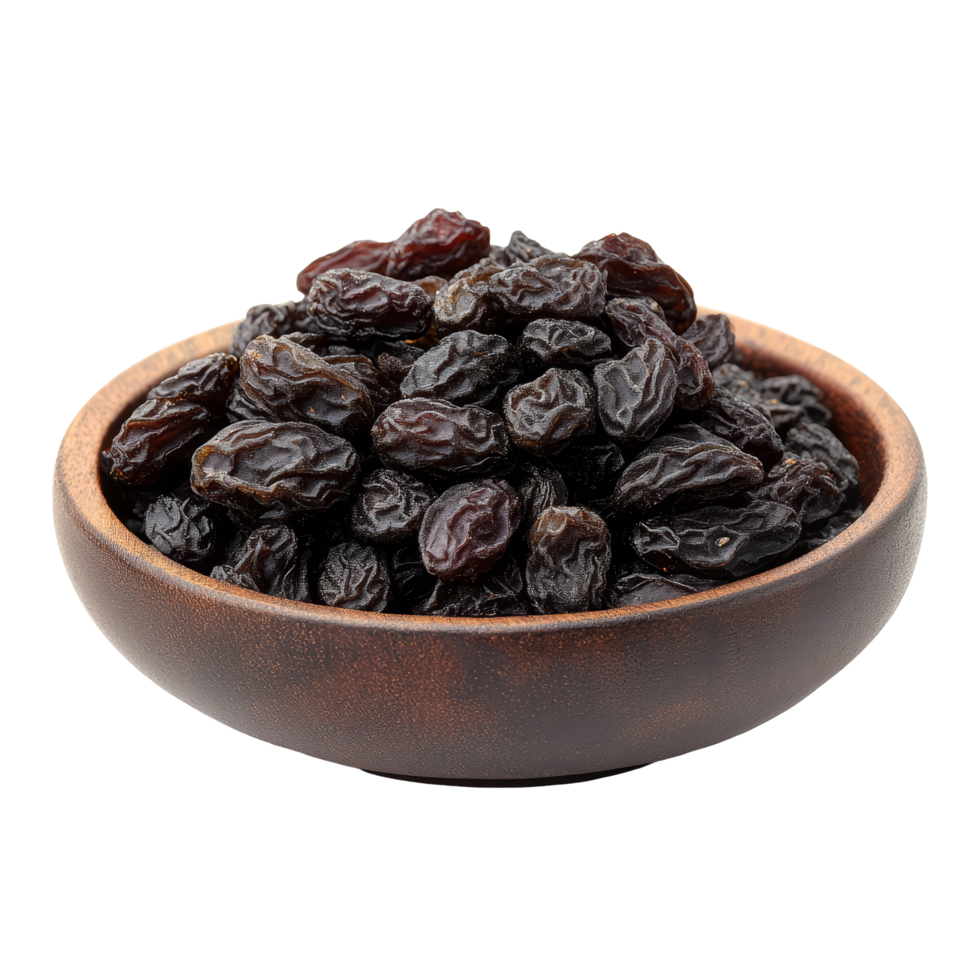 A plate of dried raisins on a transparent background showcasing their rich texture and color, Dried raisins in a plate isolated on transparent background png