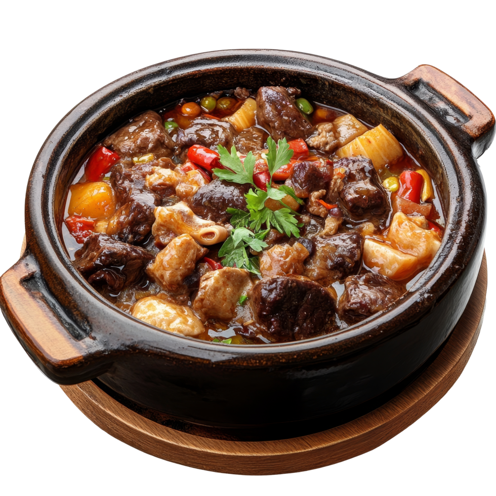 Delicious hot pot dish featuring meat and vegetables served in a traditional black pot on a transparent background, hot pot dish isolated on transparent background png