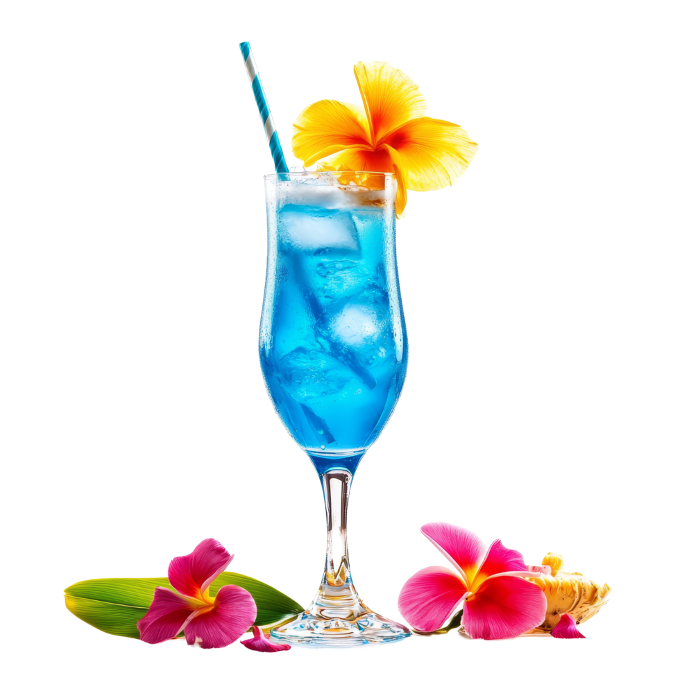 Refreshing Blue Hawaii cocktail garnished with flowers on a transparent background, blue hawaiis cocktail isolated on transparent background png