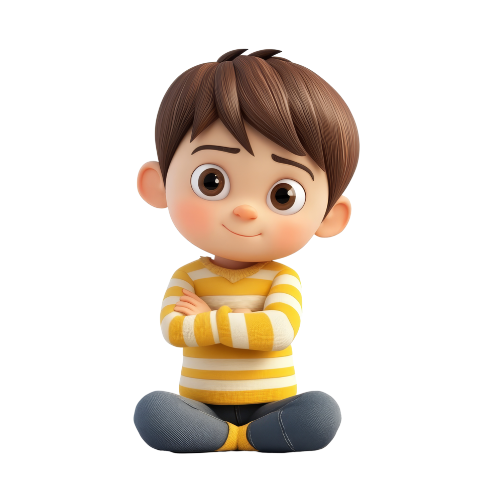 A cheerful cartoon child sitting crosslegged on a transparent background wearing a striped shirt, 3d cartoon of little child isolated on transparent background png