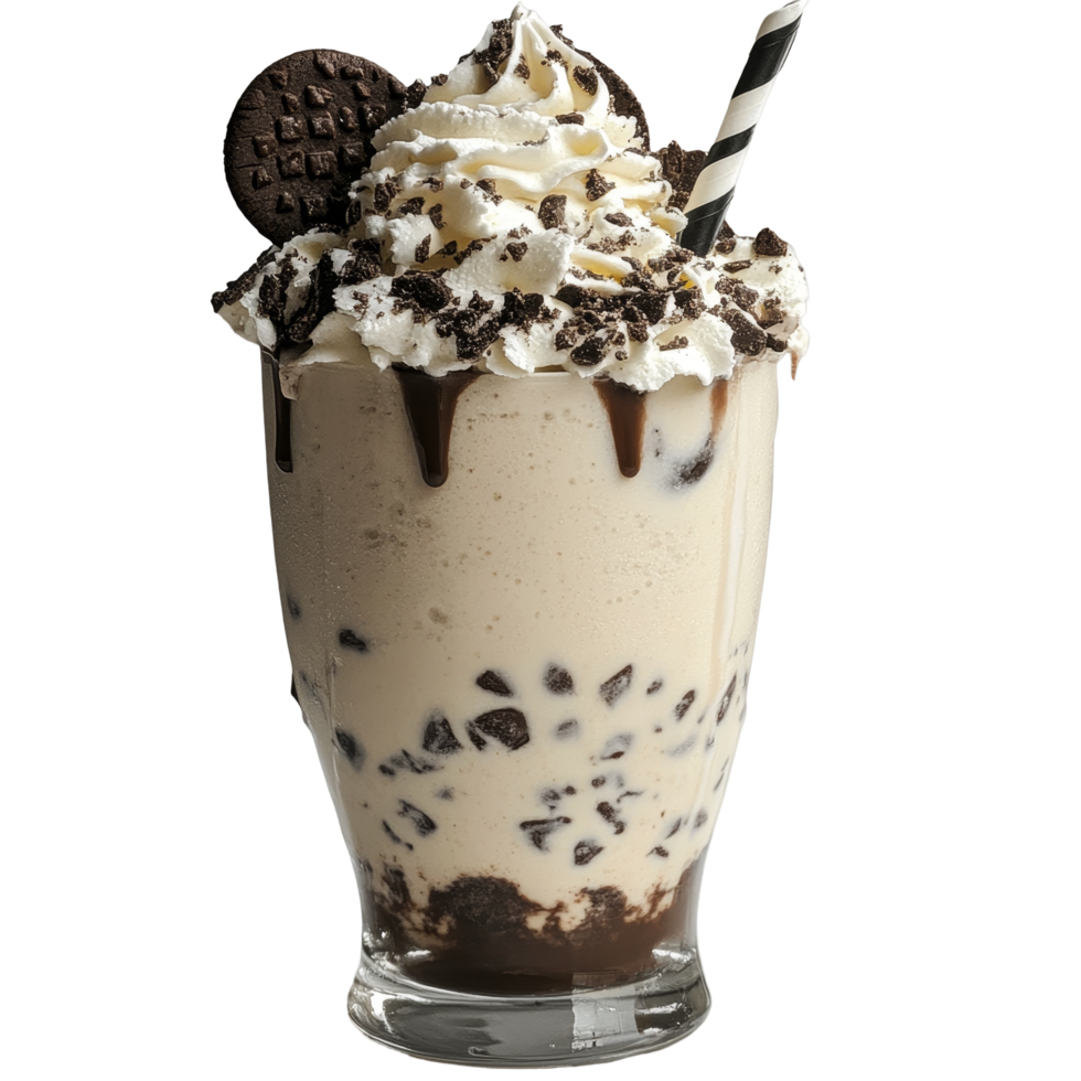 Delicious cookies and cream milkshake topped with whipped cream and a cookie on a marble surface, Cookies and Cream Milkshake with Whipped Cream on transparent background png