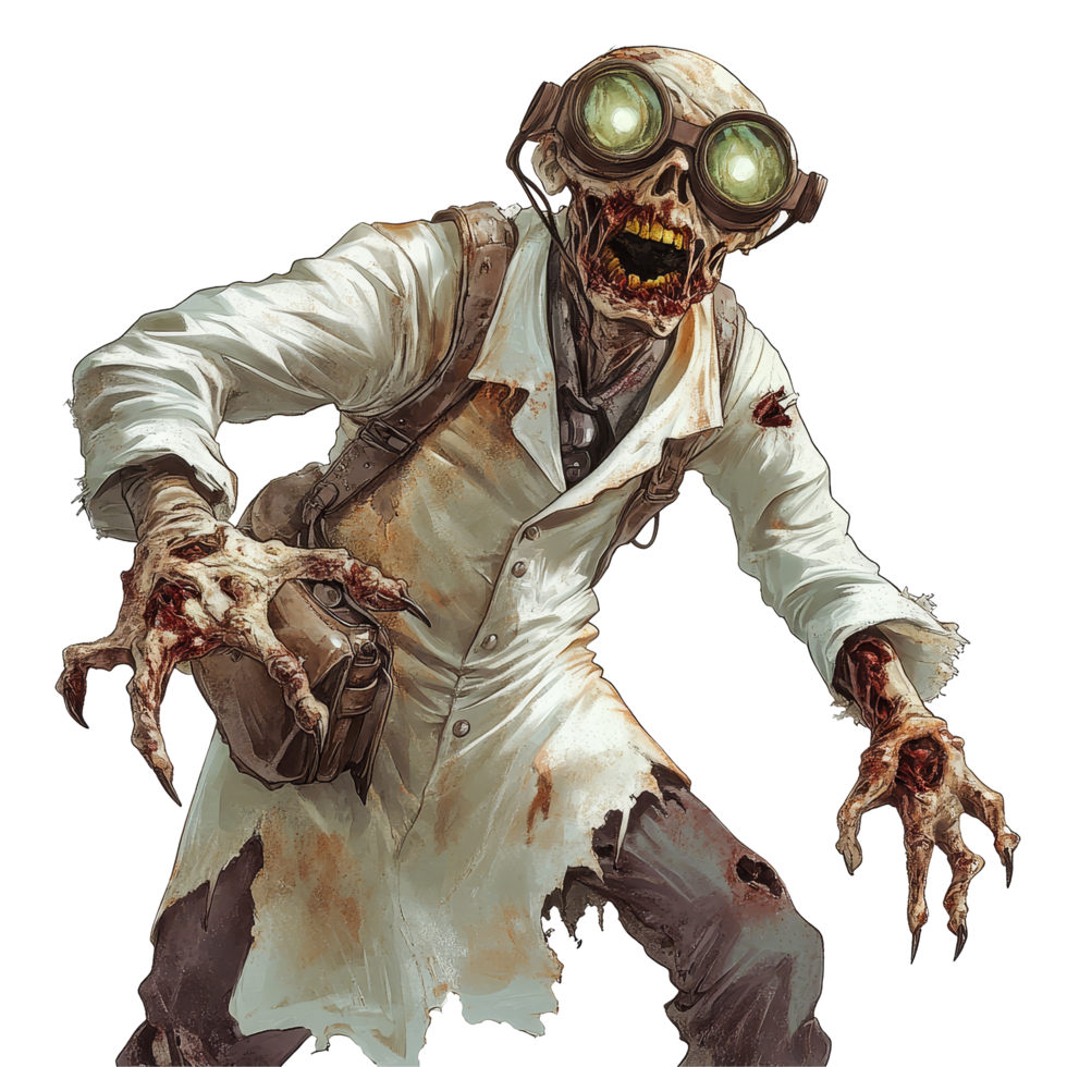 Zombie scientist in lab coat with goggles emerges threateningly on a stark transparent background, zombie scientist on transparent background png