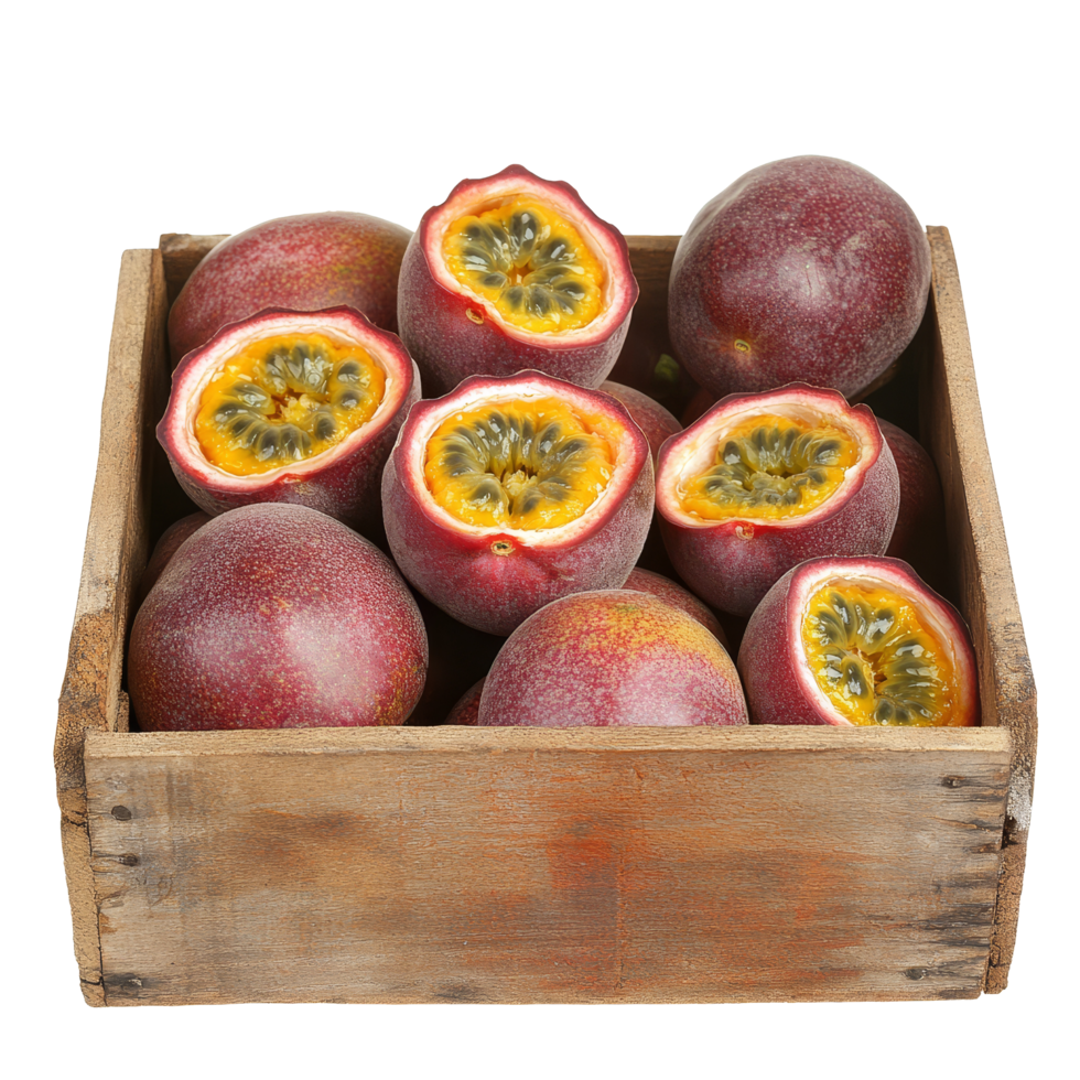 A rustic wooden box filled with ripe passion fruits cut open, showcasing vibrant yellow pulp on a transparent background, wooden box of passion fruitsisolated on transparent background png