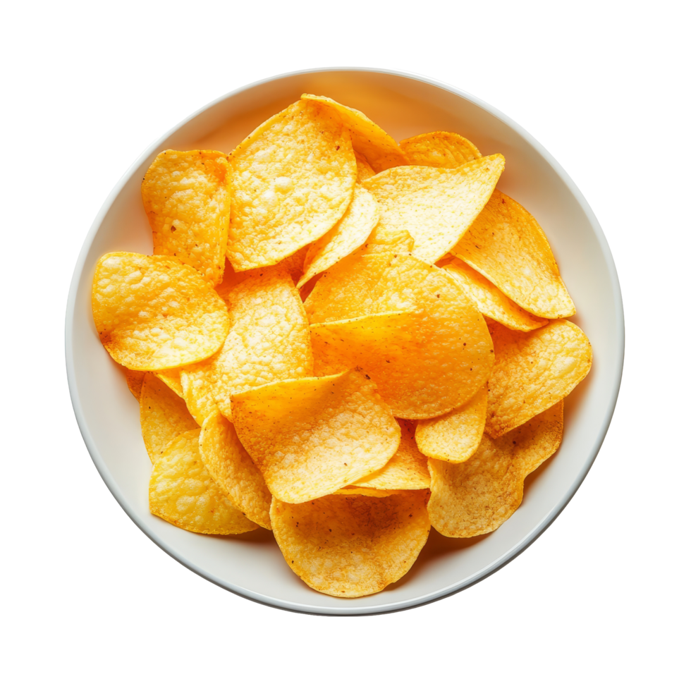 Golden potato chips served in a bowl on a clean transparent background ready for snacking at any time of day, Potato chips in a plate isolated on transparent background png