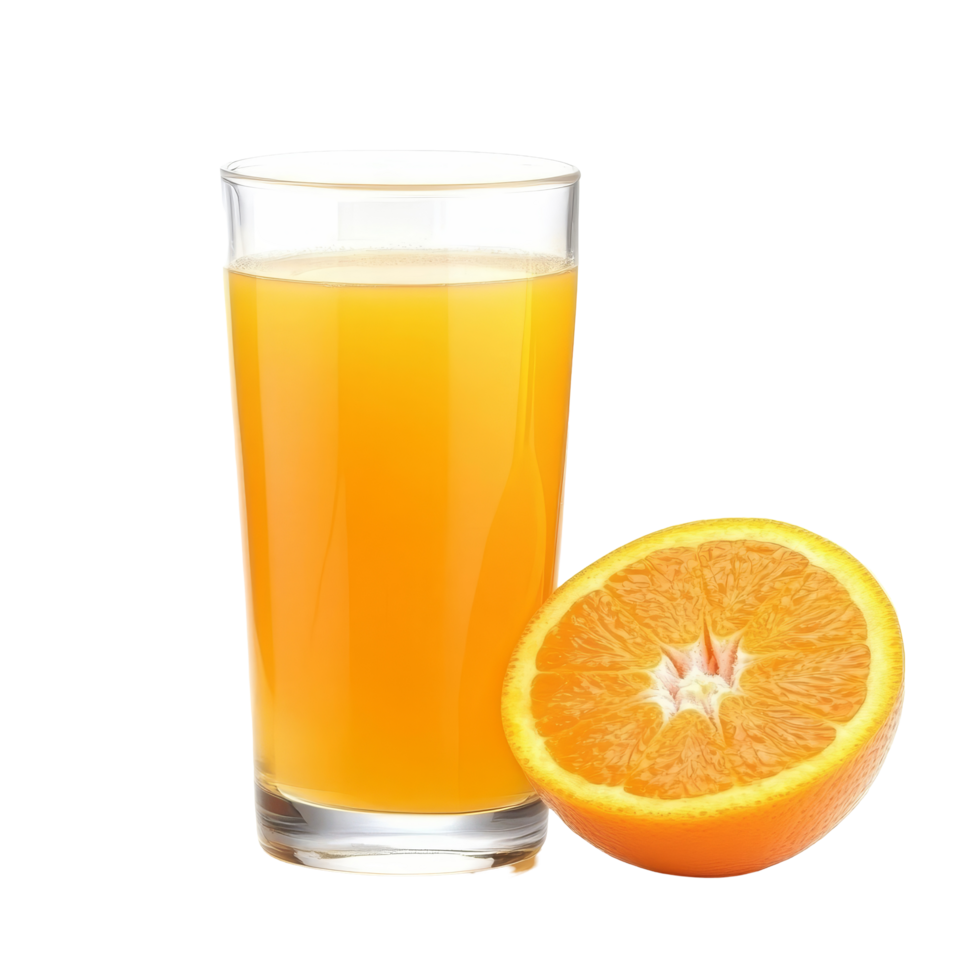 A refreshing glass of freshly squeezed orange juice with a half orange placed beside it on a transparent background, Glass of fresh orange juice isolated png