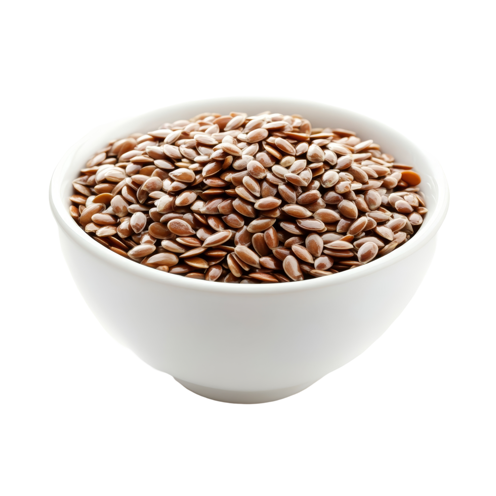 Flax seeds in a transparent bowl on a clean surface showcasing their nutritious and versatile nature, Flax seeds in bowl on transparent background png