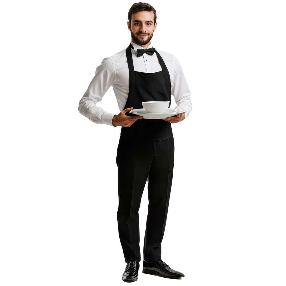 Elegant waiter presenting a dish with a smile on a transparent background, perfect for dining and service themes, Elegant Waiter Serving Pose Isolated on transparent background png